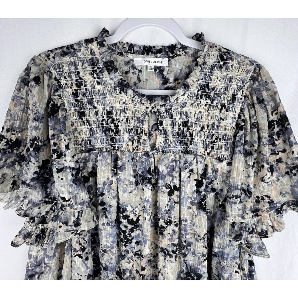 Rose + Olive 2X Floral Smocked Boho Blouse Ruffle Sleeve Cottagecore Peasant Top - Picture 2 of 11